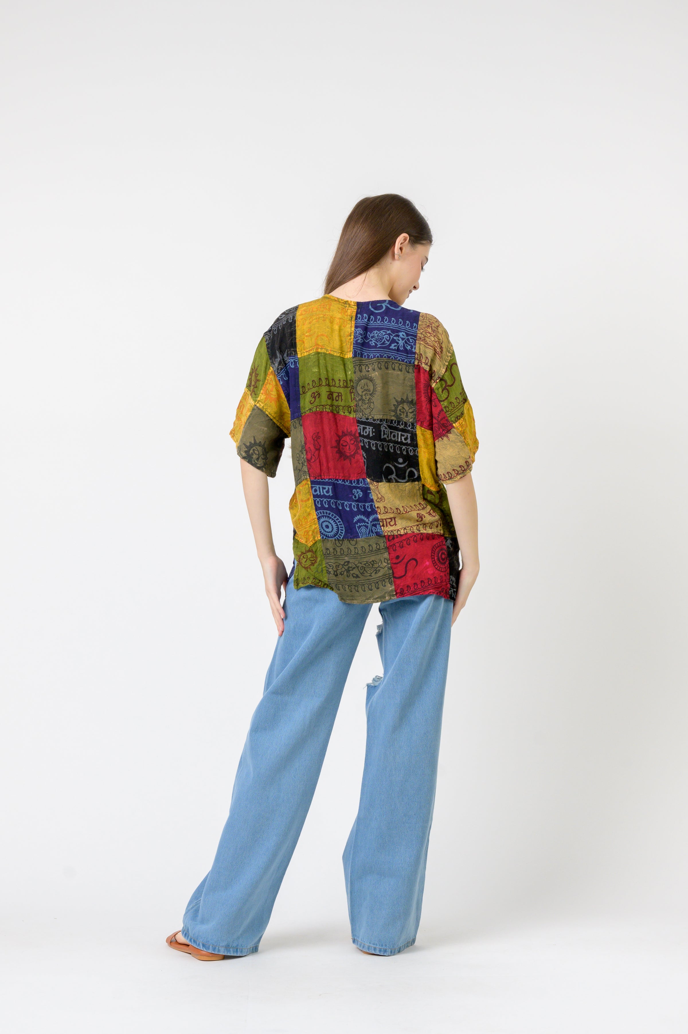 Om Print Pied Patch Short Sleeve Top