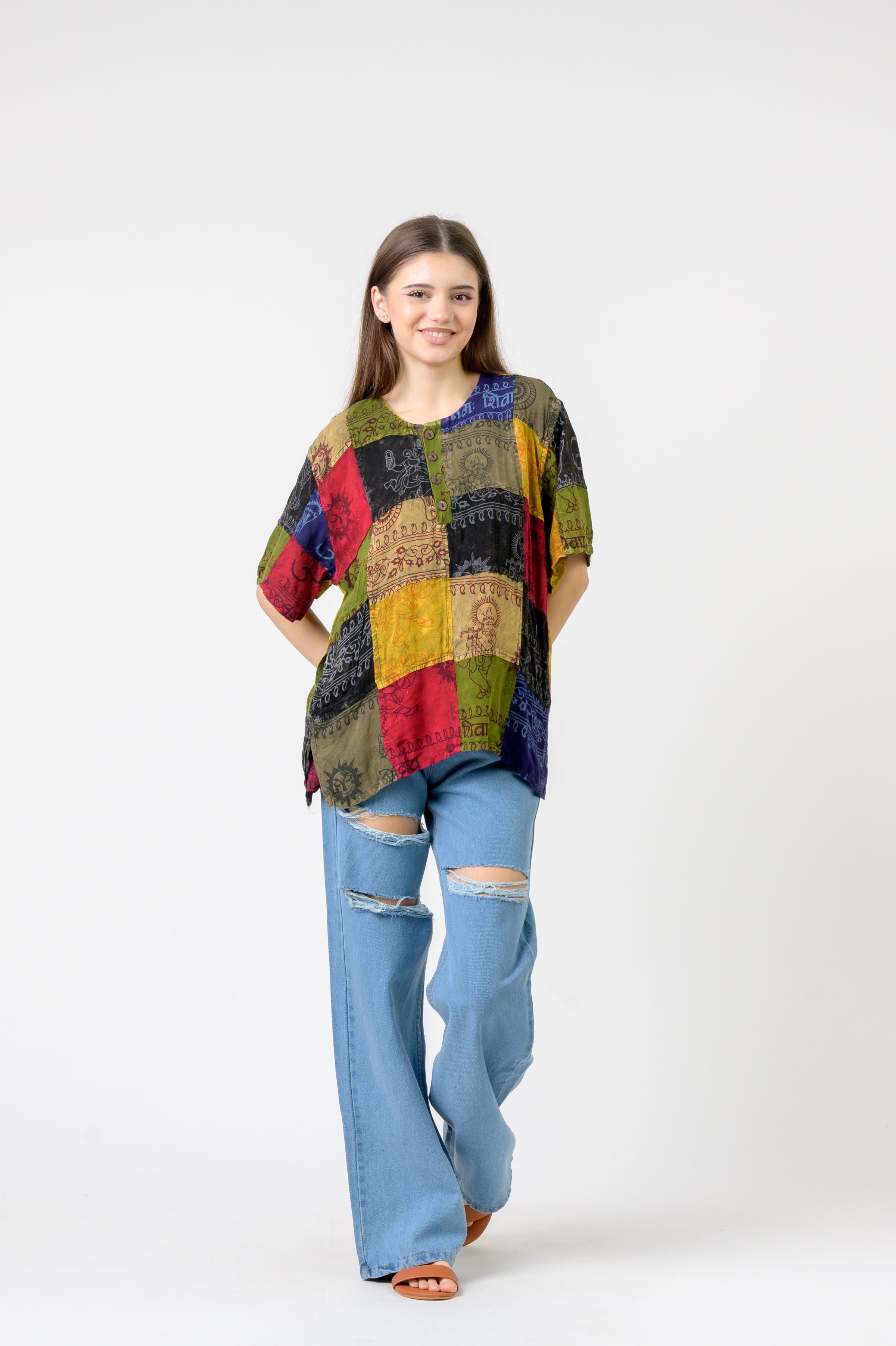 Om Print Pied Patch Short Sleeve Top