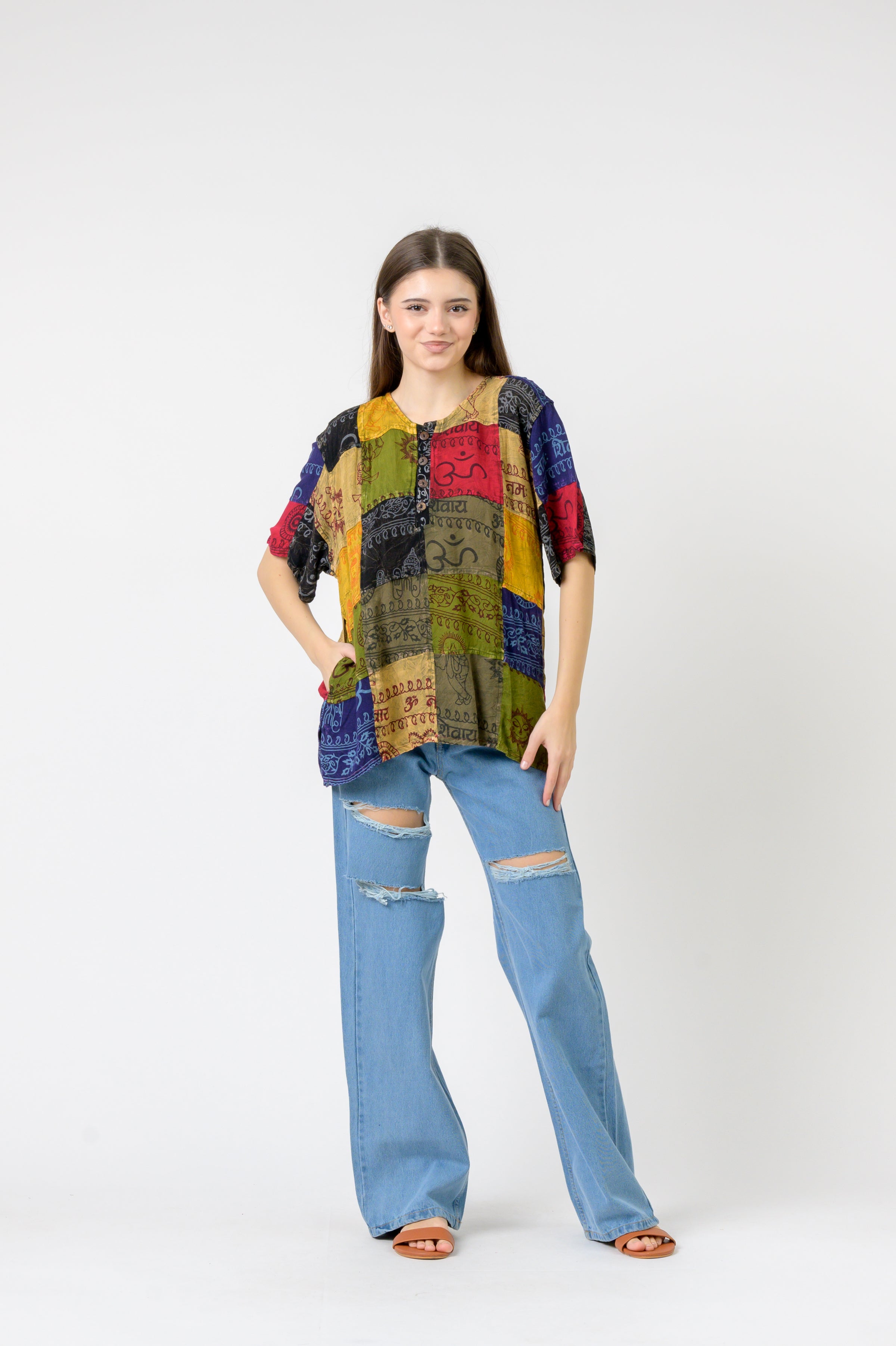 Om Print Pied Patch Short Sleeve Top