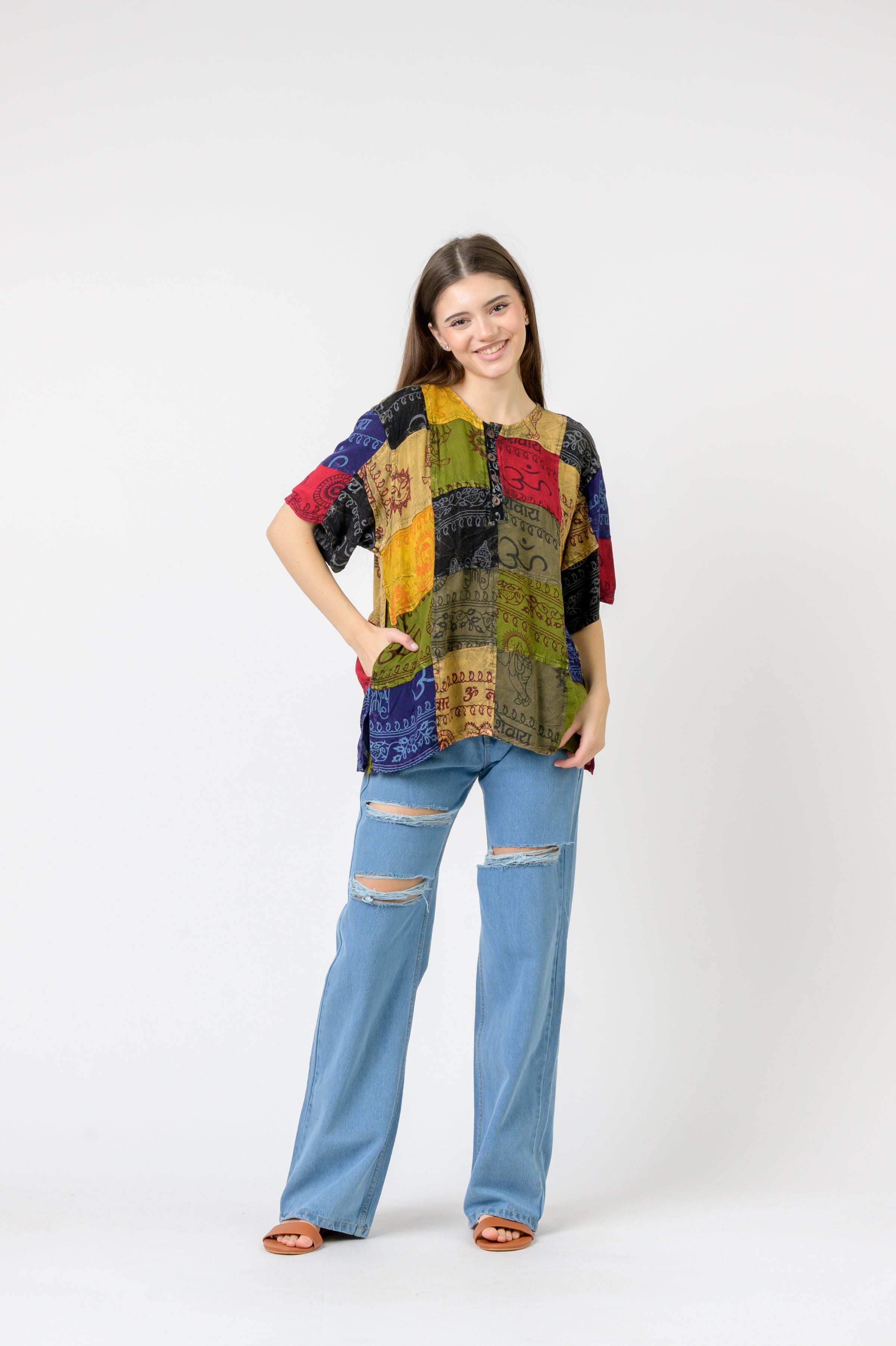 Om Print Pied Patch Short Sleeve Top