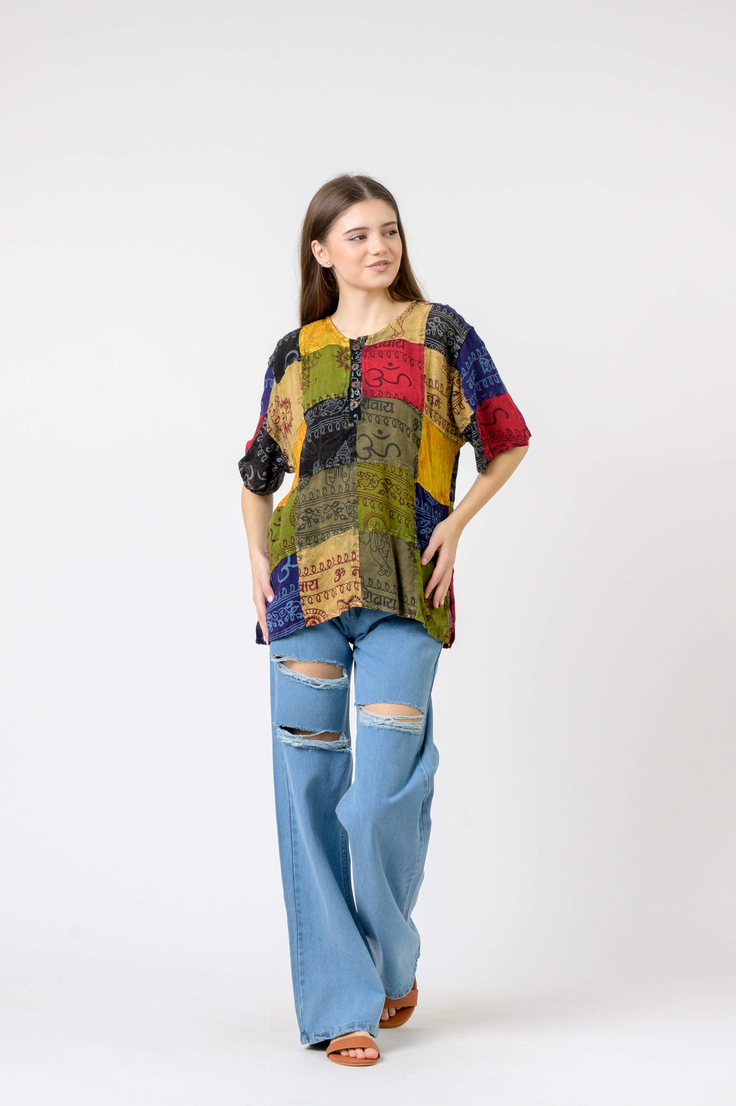 Om Print Pied Patch Short Sleeve Top