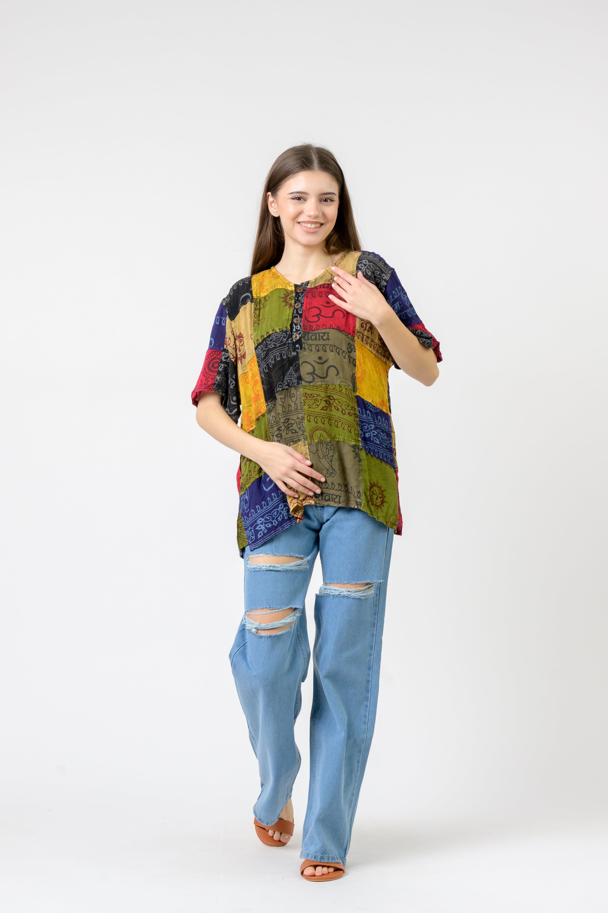 Om Print Pied Patch Short Sleeve Top