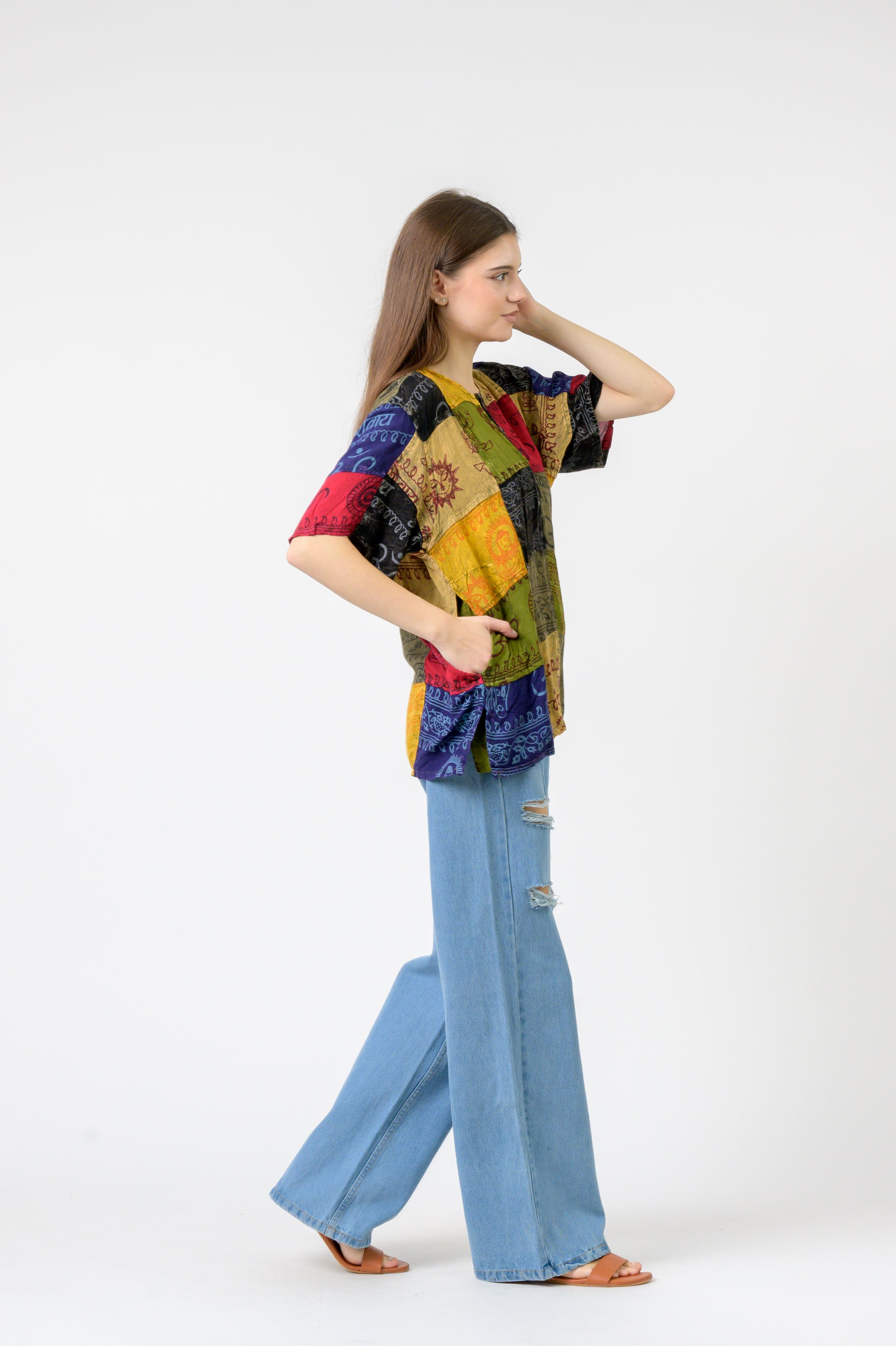 Om Print Pied Patch Short Sleeve Top