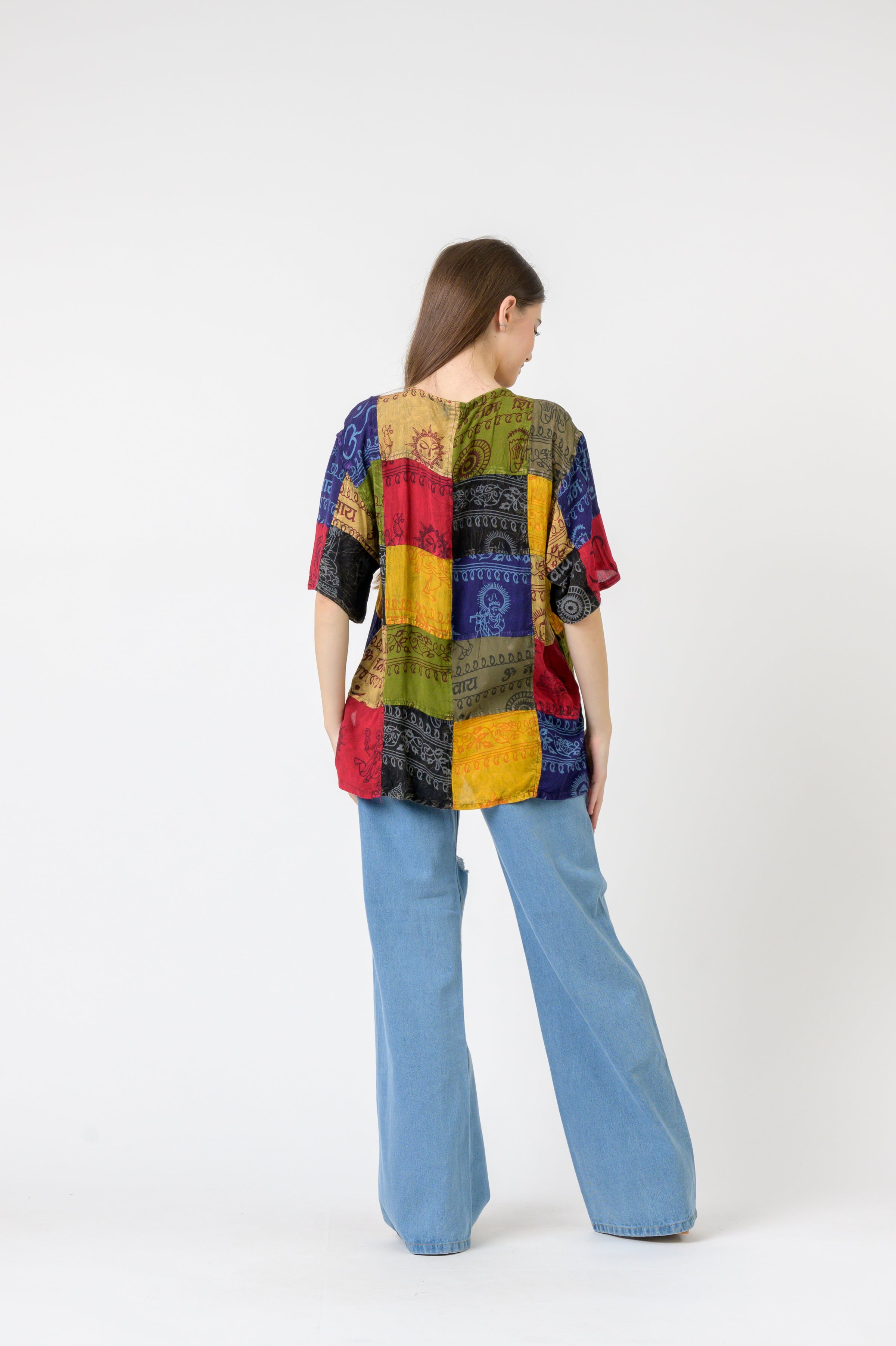 Om Print Pied Patch Short Sleeve Top