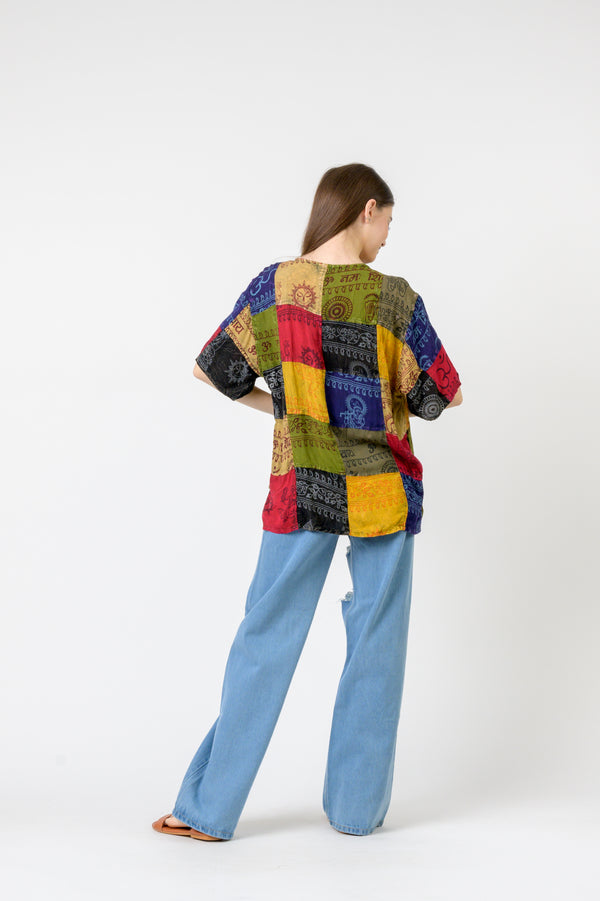 Om Print Pied Patch Short Sleeve Top