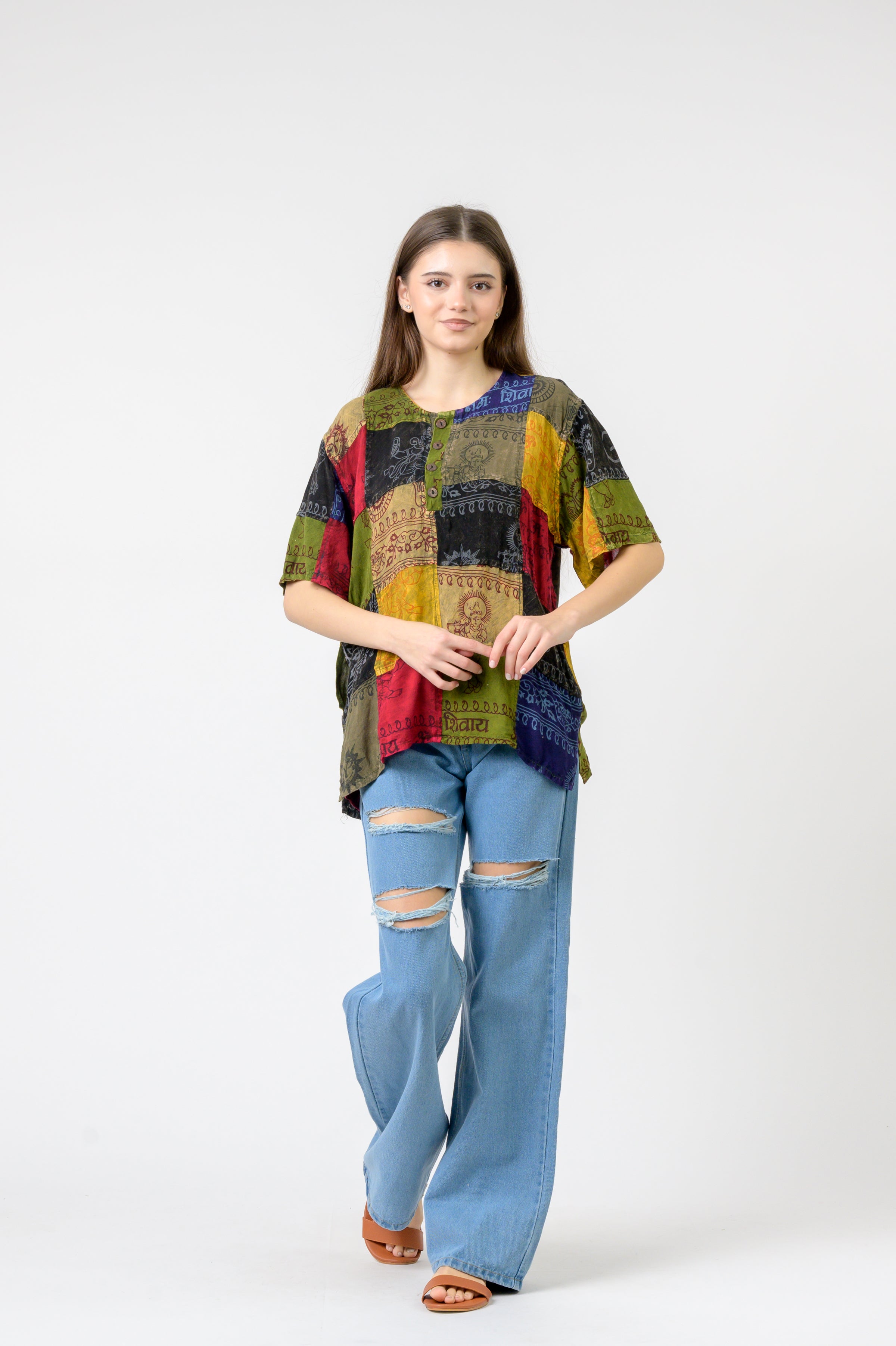 Om Print Pied Patch Short Sleeve Top