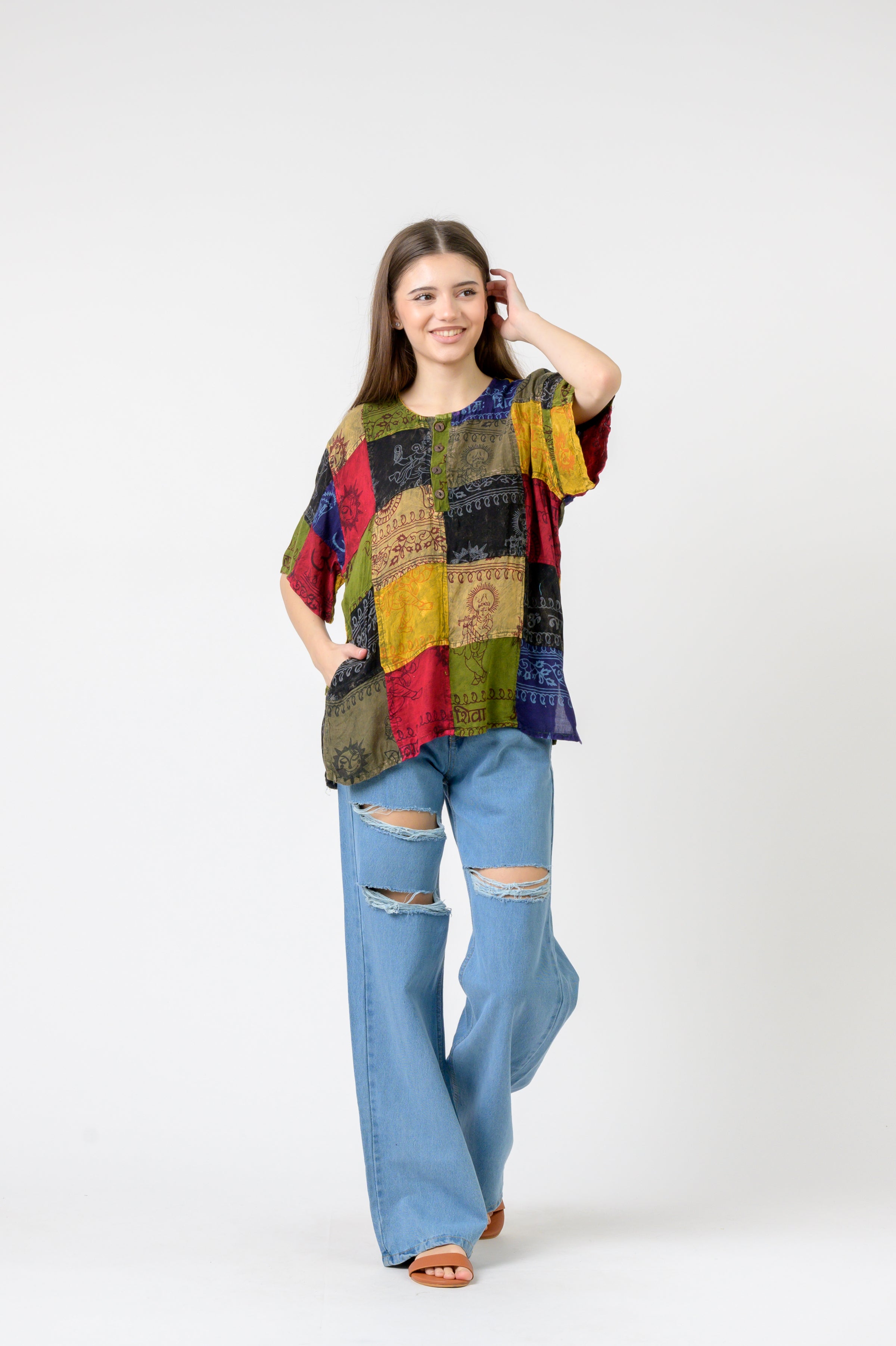 Om Print Pied Patch Short Sleeve Top