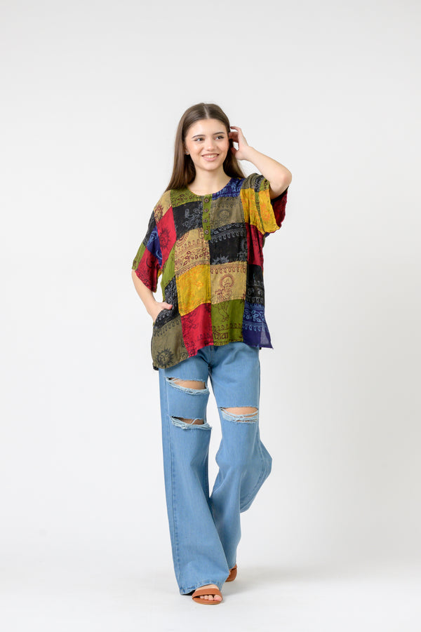 Om Print Pied Patch Short Sleeve Top