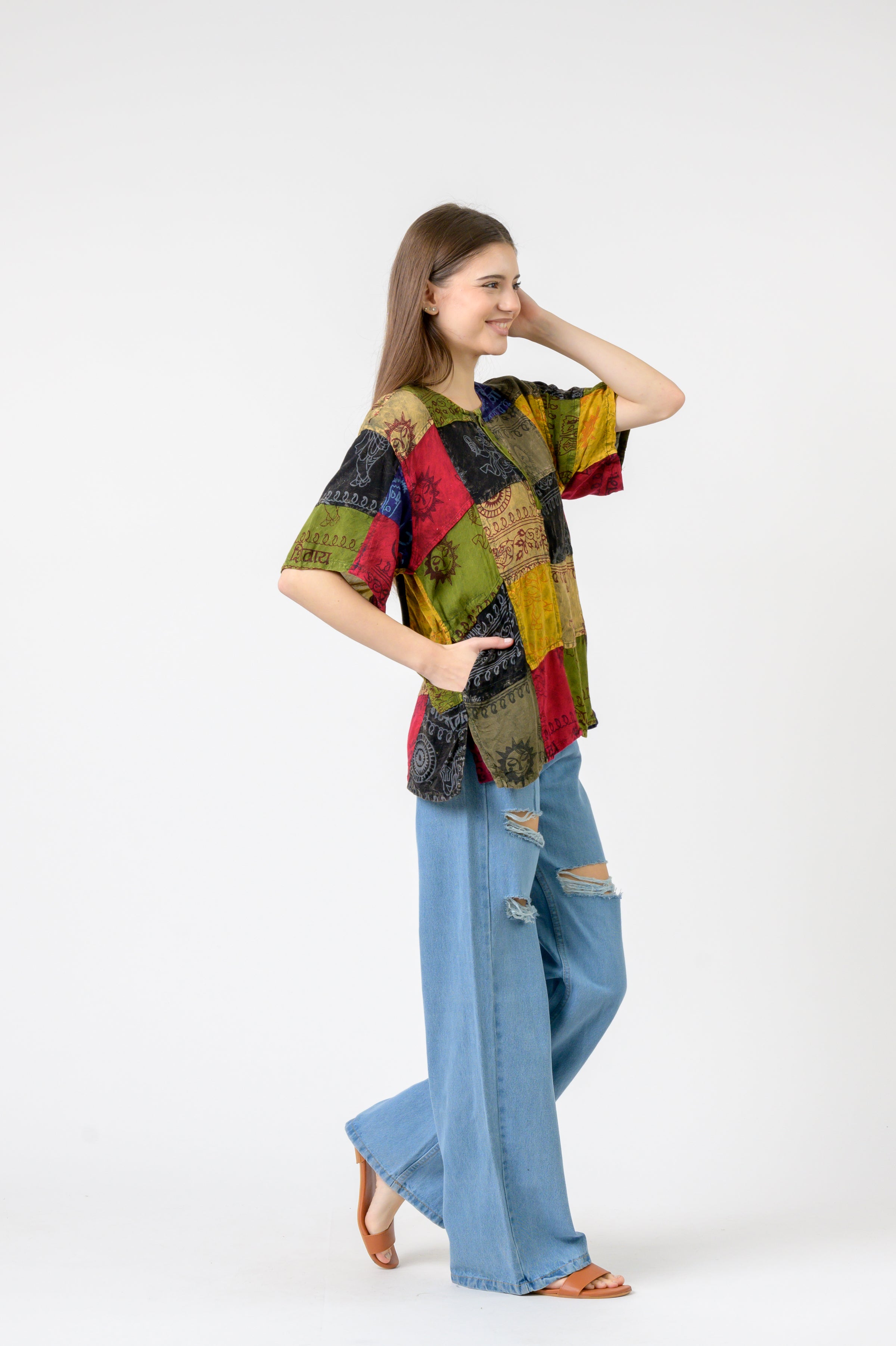 Om Print Pied Patch Short Sleeve Top