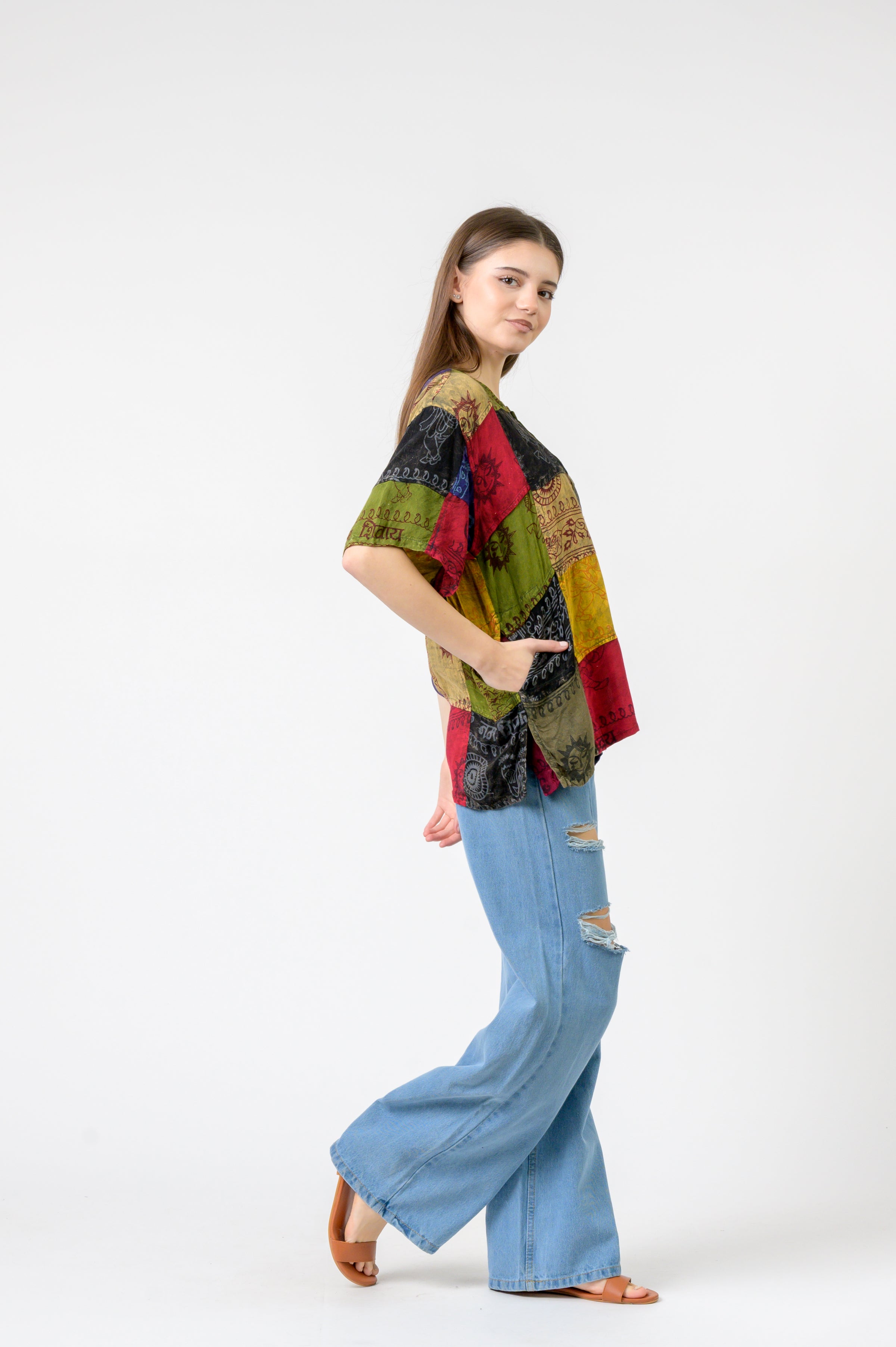 Om Print Pied Patch Short Sleeve Top