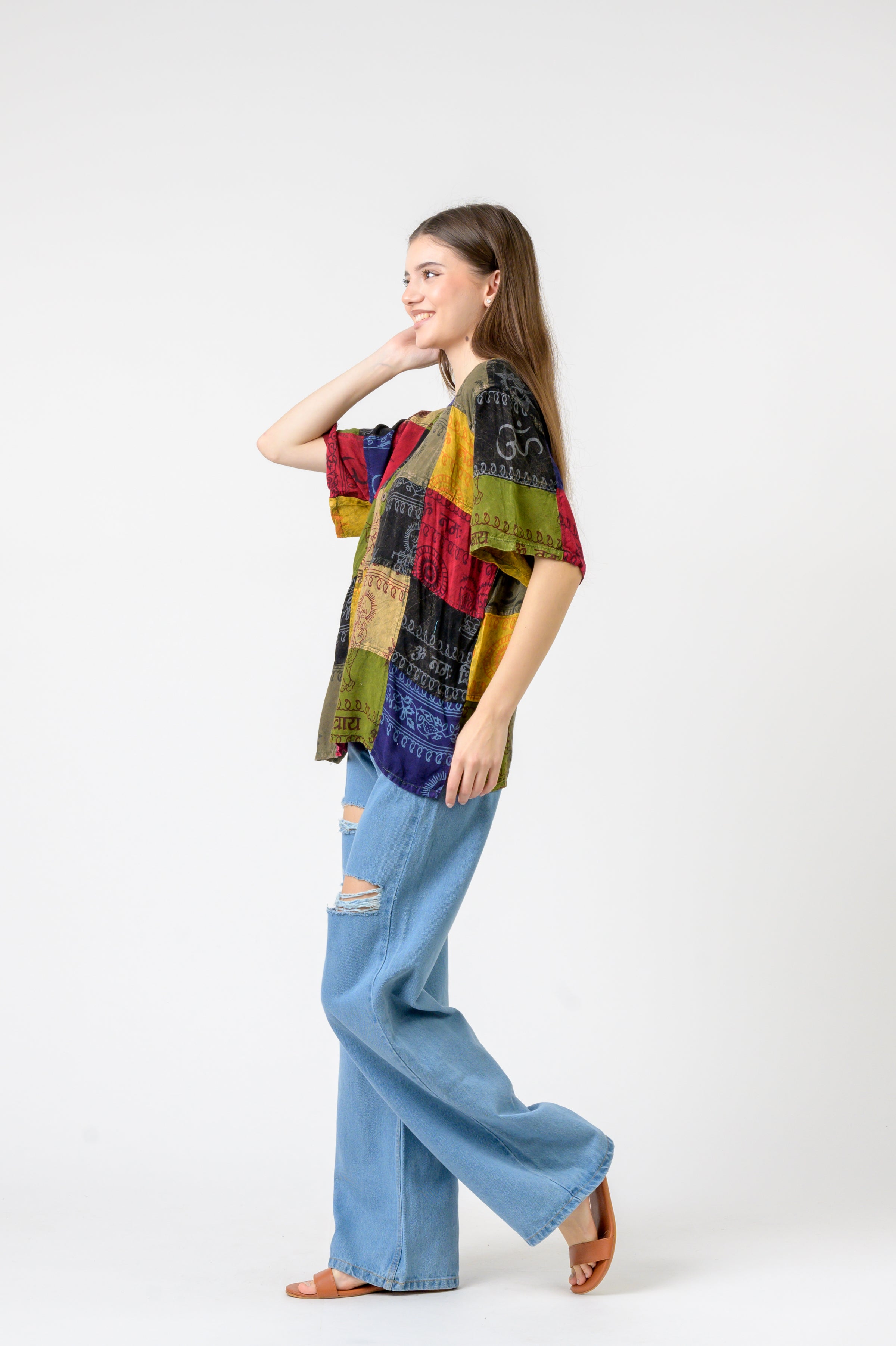 Om Print Pied Patch Short Sleeve Top