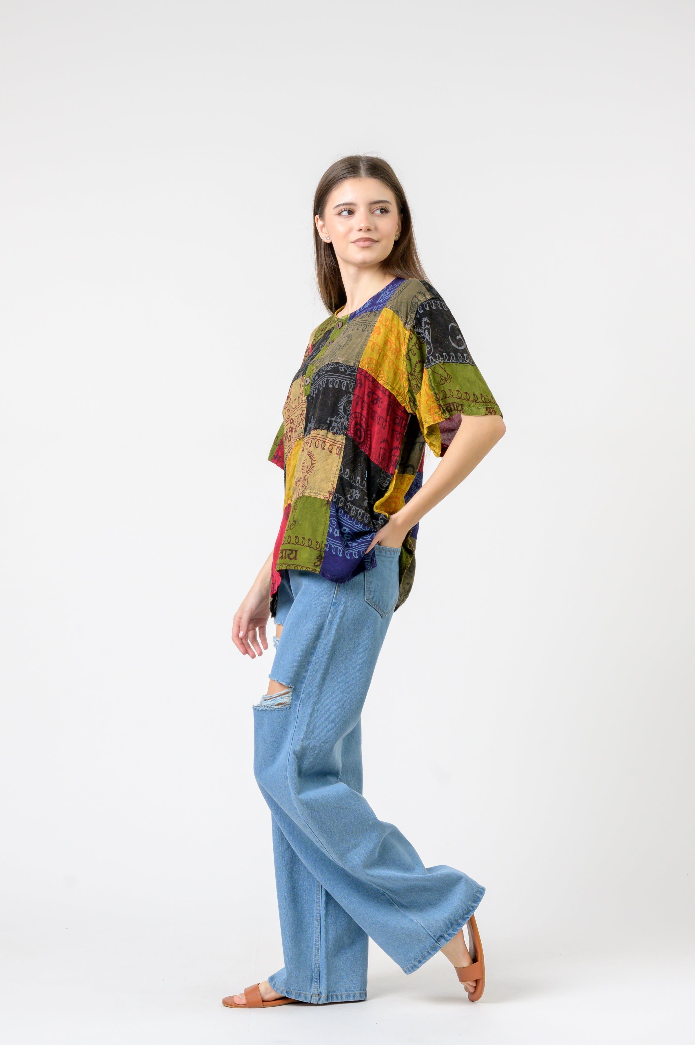 Om Print Pied Patch Short Sleeve Top