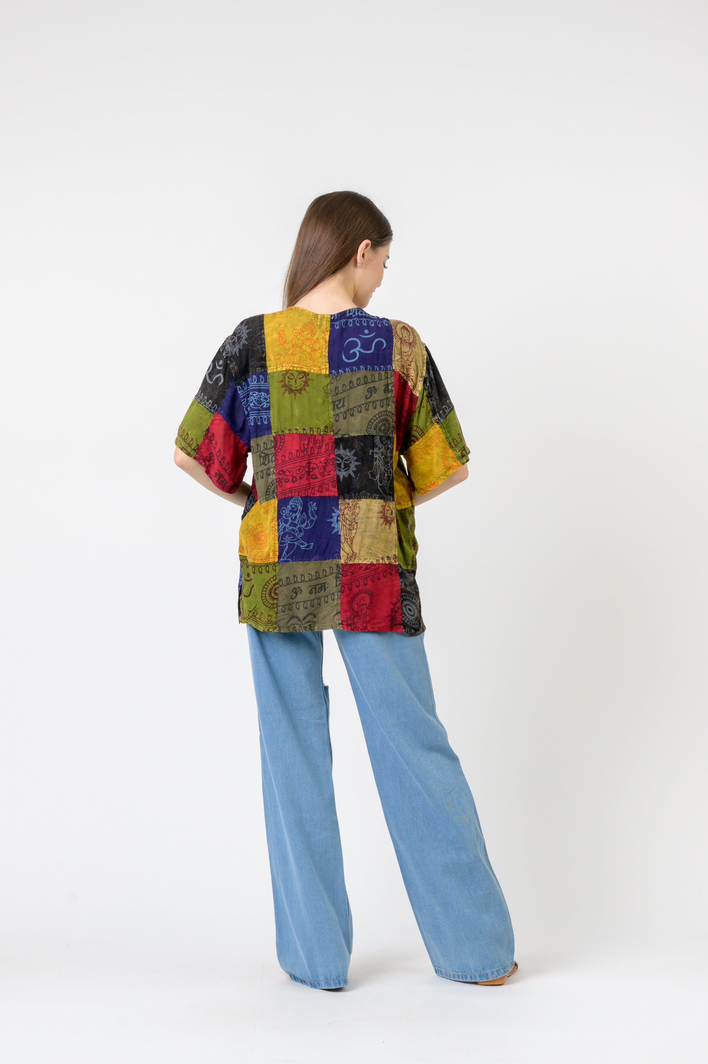 Om Print Pied Patch Short Sleeve Top