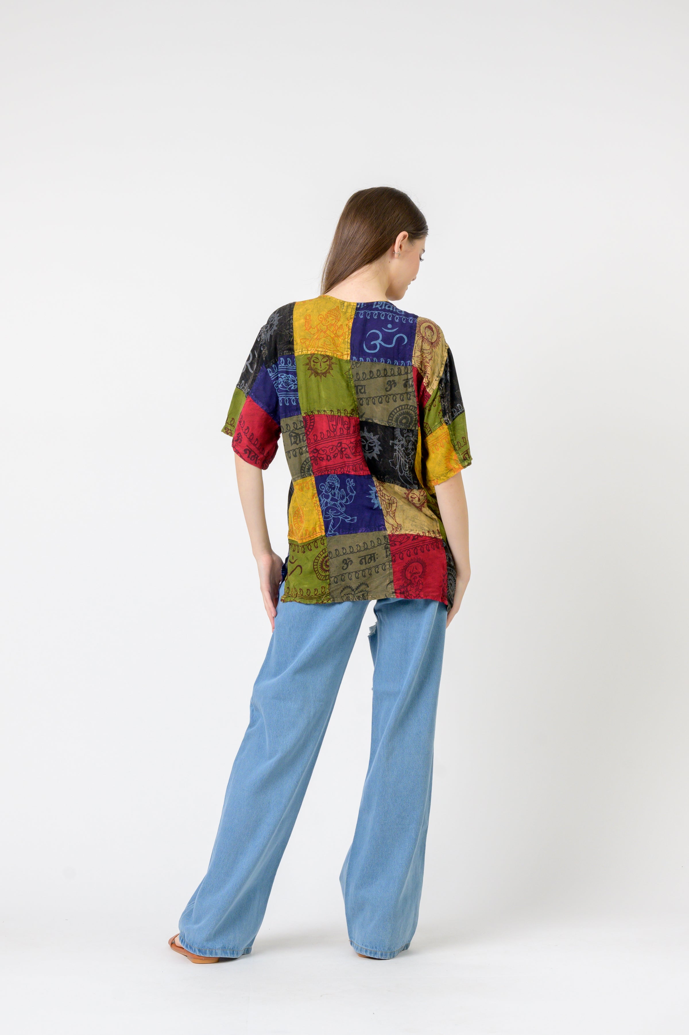 Om Print Pied Patch Short Sleeve Top