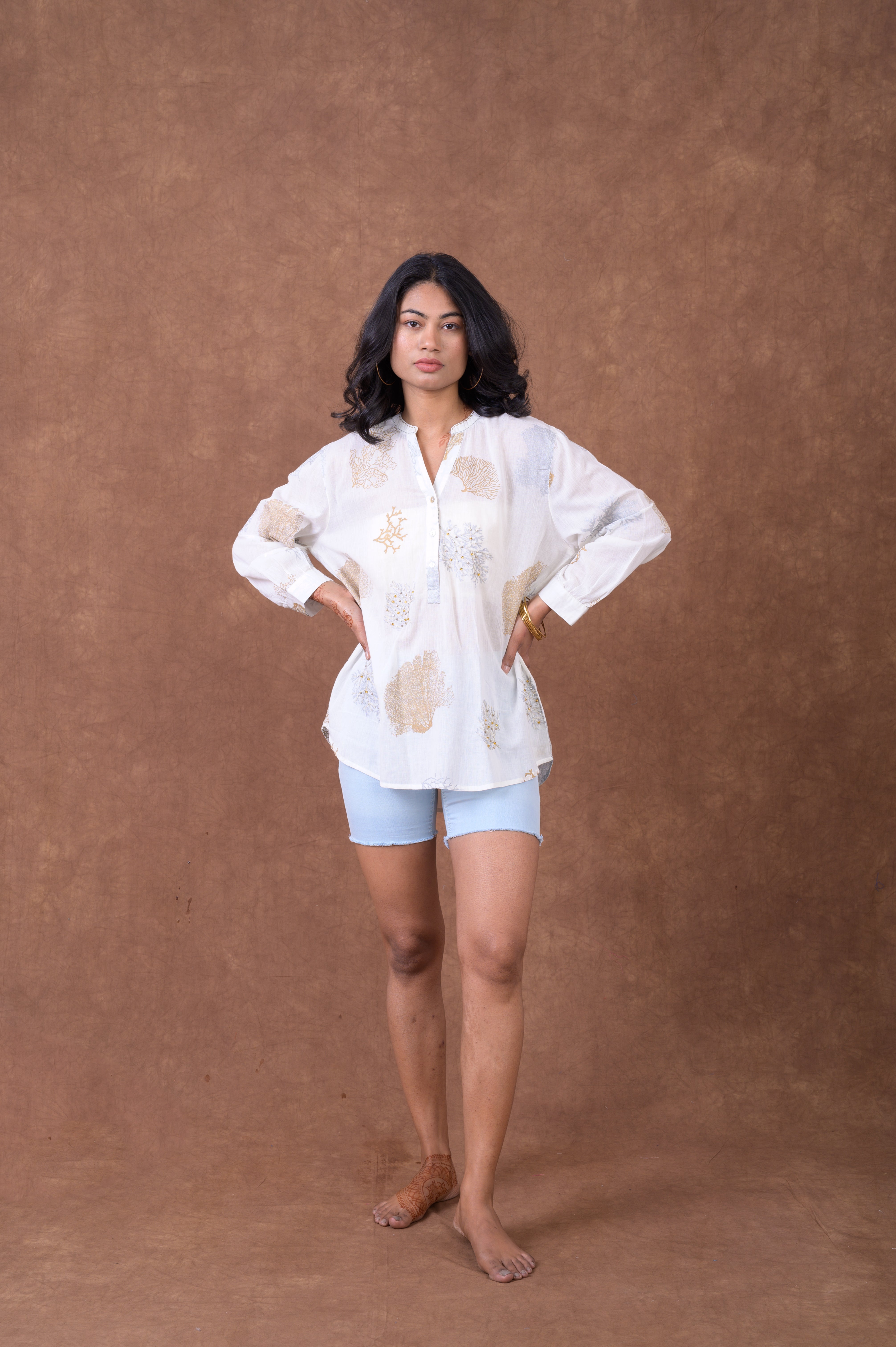 Rhea Sheer Leaf And Branch Pattern Polo