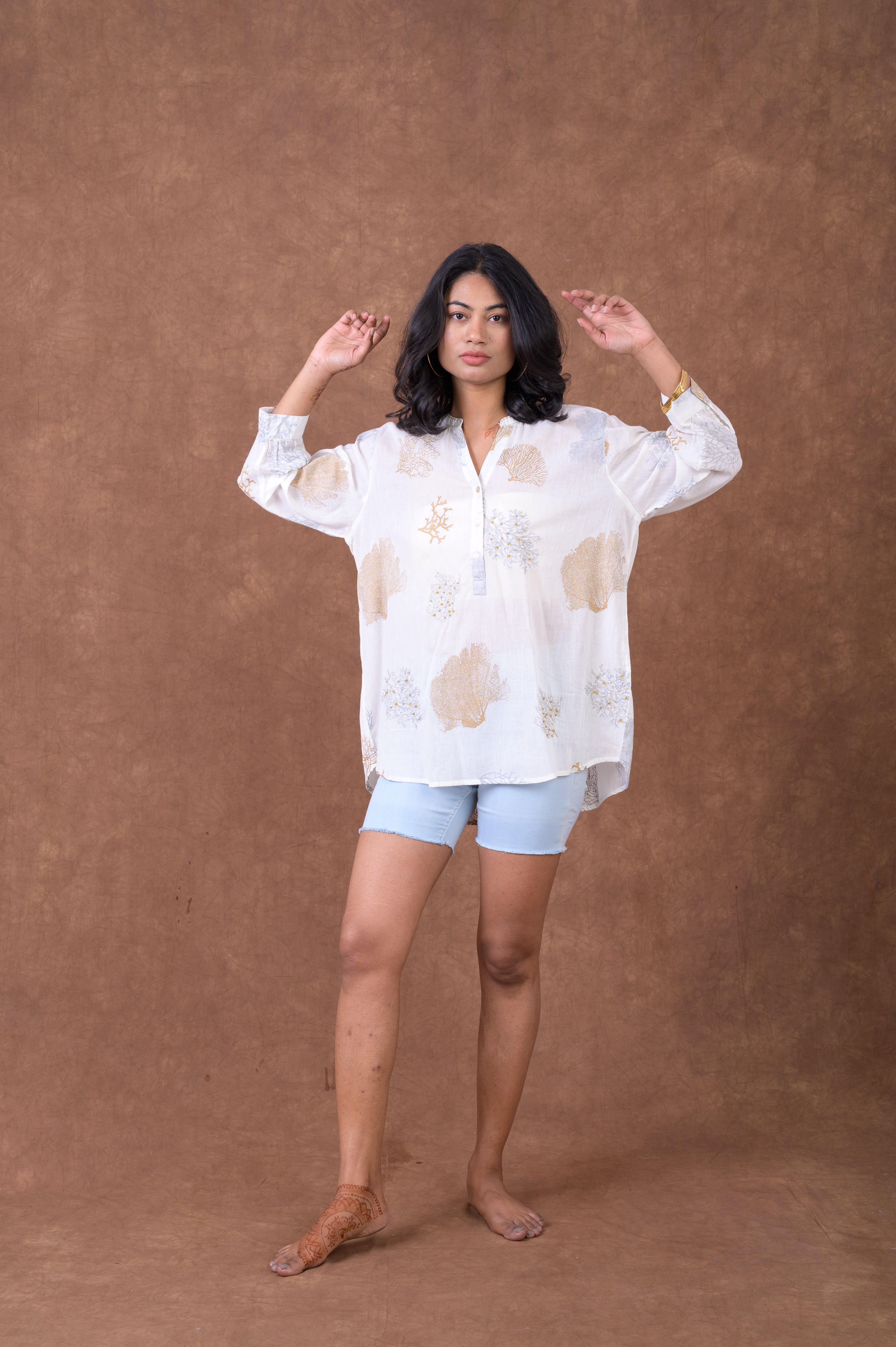 Rhea Sheer Leaf And Branch Pattern Polo