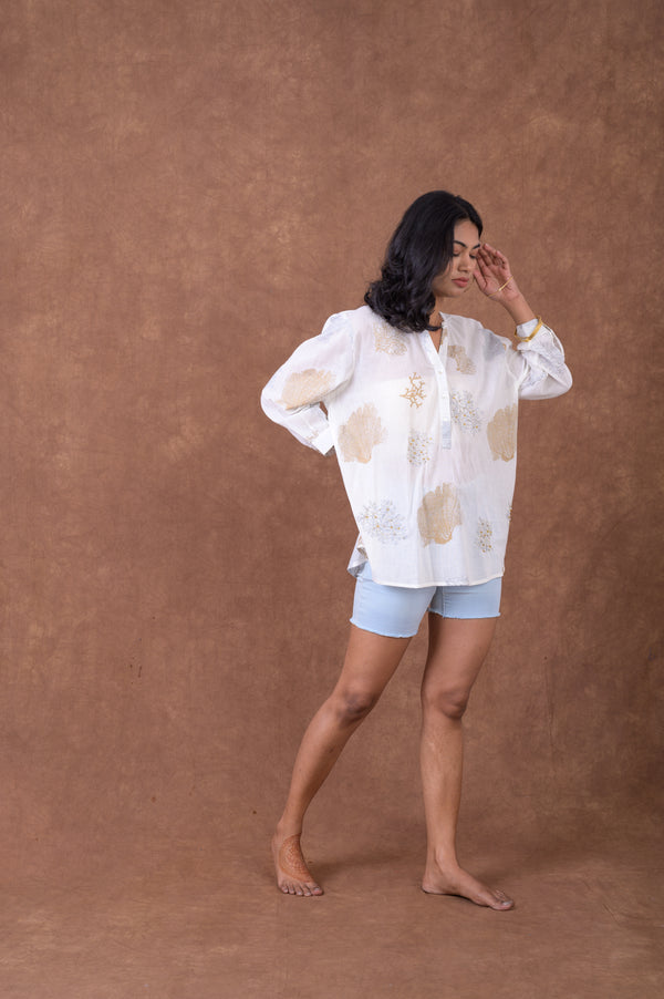 Rhea Sheer Leaf And Branch Pattern Polo