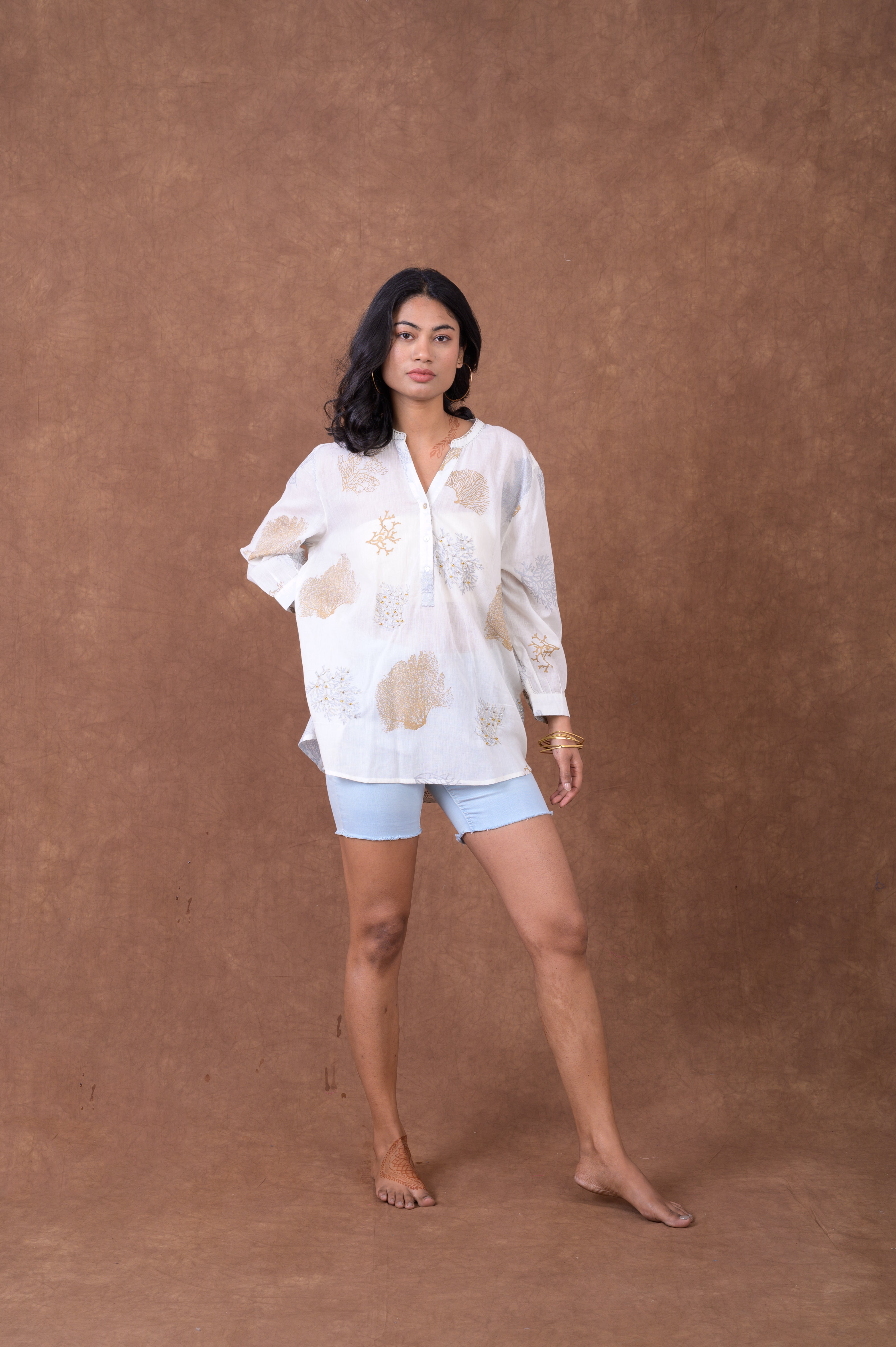 Rhea Sheer Leaf And Branch Pattern Polo