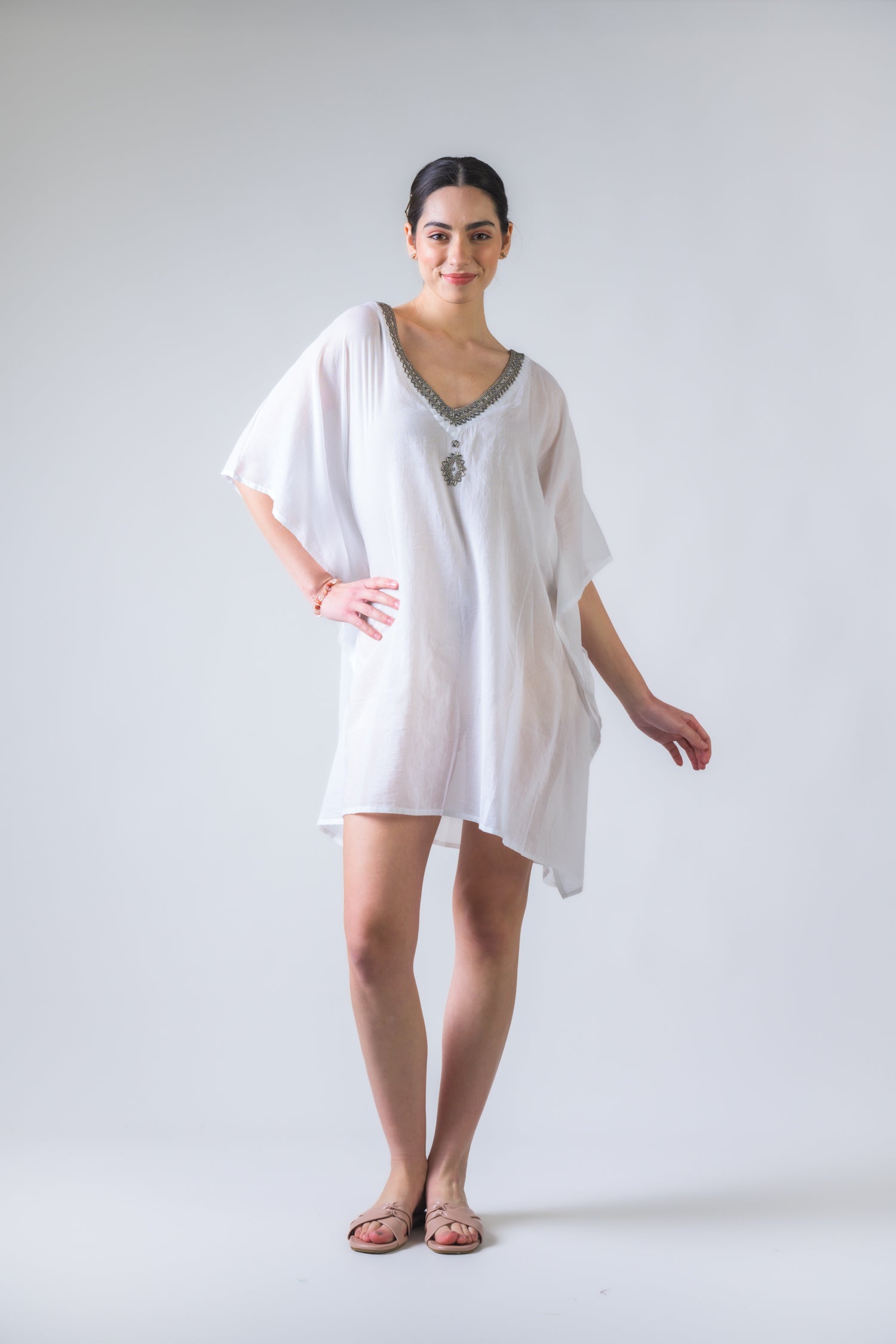 Bead Embroidered Kaftan - White
