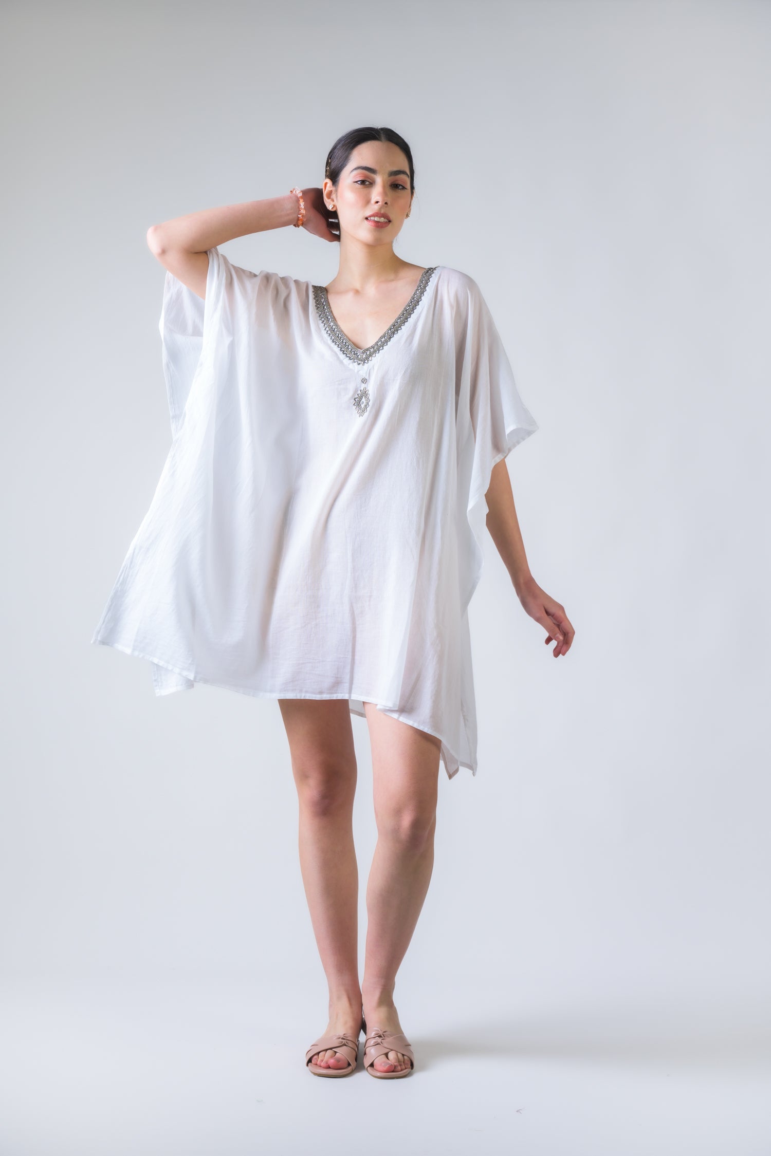 Bead Embroidered Kaftan - White