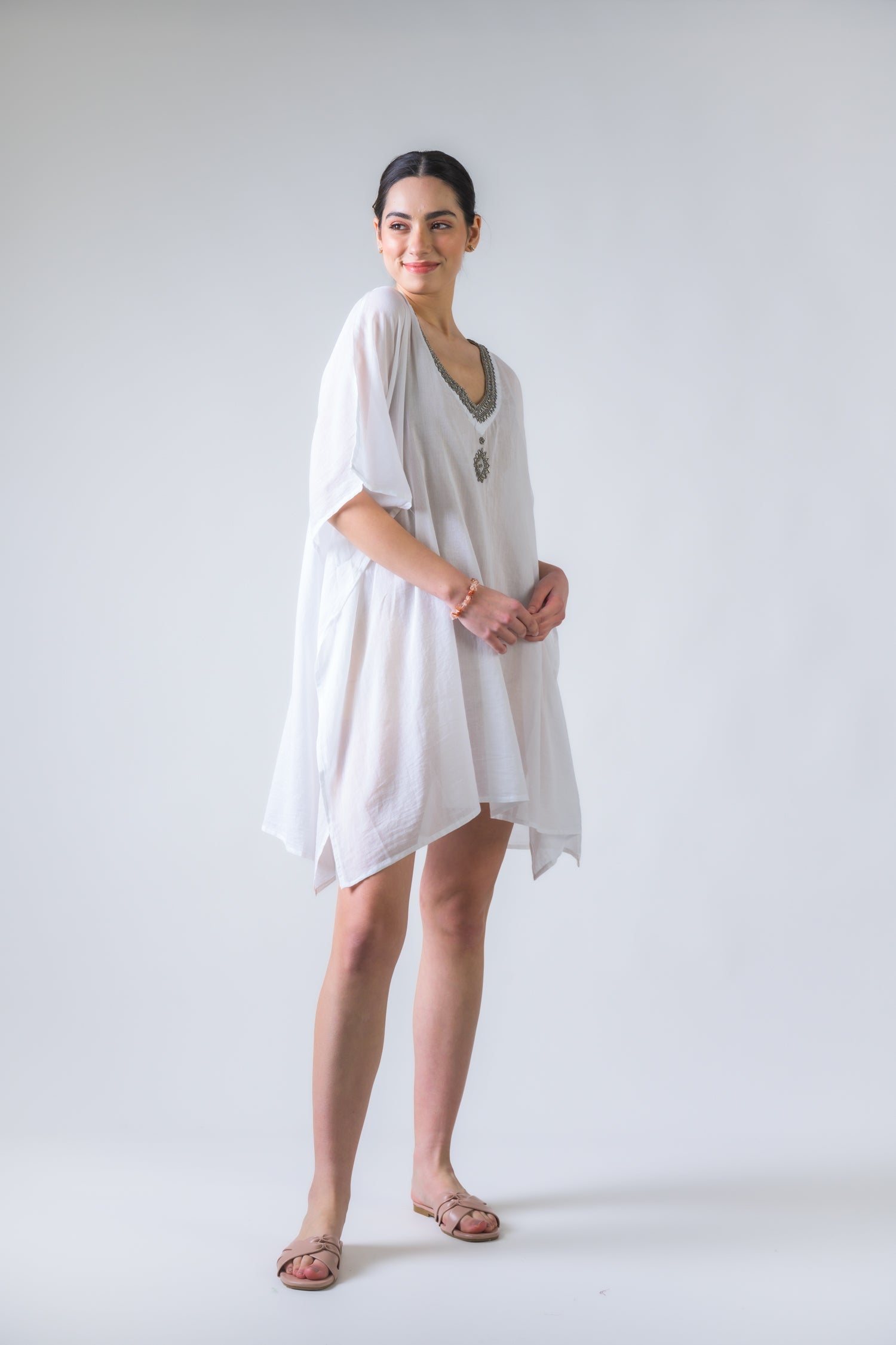 Bead Embroidered Kaftan - White