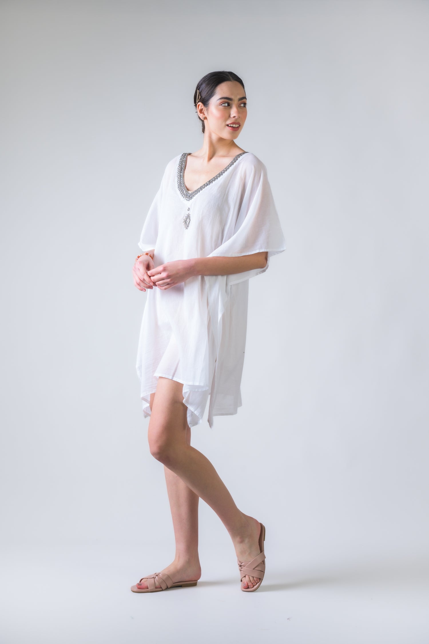 Bead Embroidered Kaftan - White