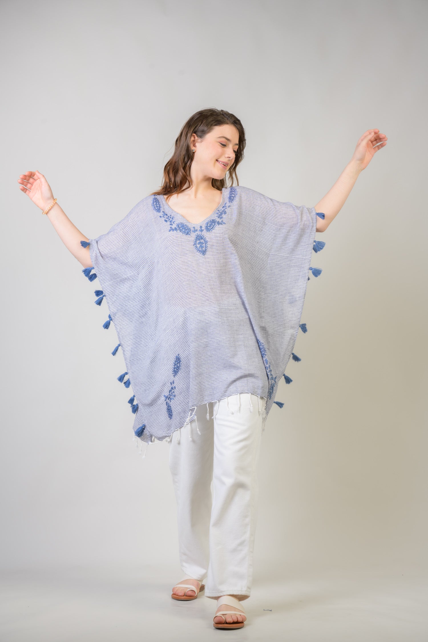 Embroidered Short Kaftan - Denim Blue