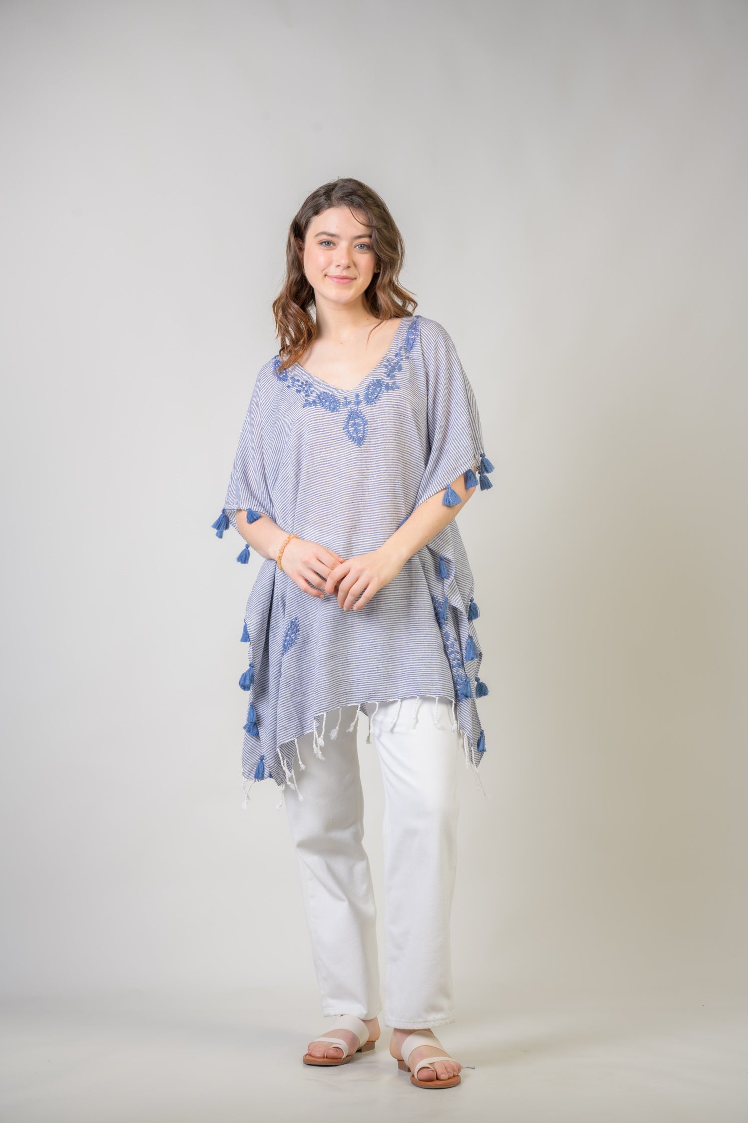 Embroidered Short Kaftan - Denim Blue