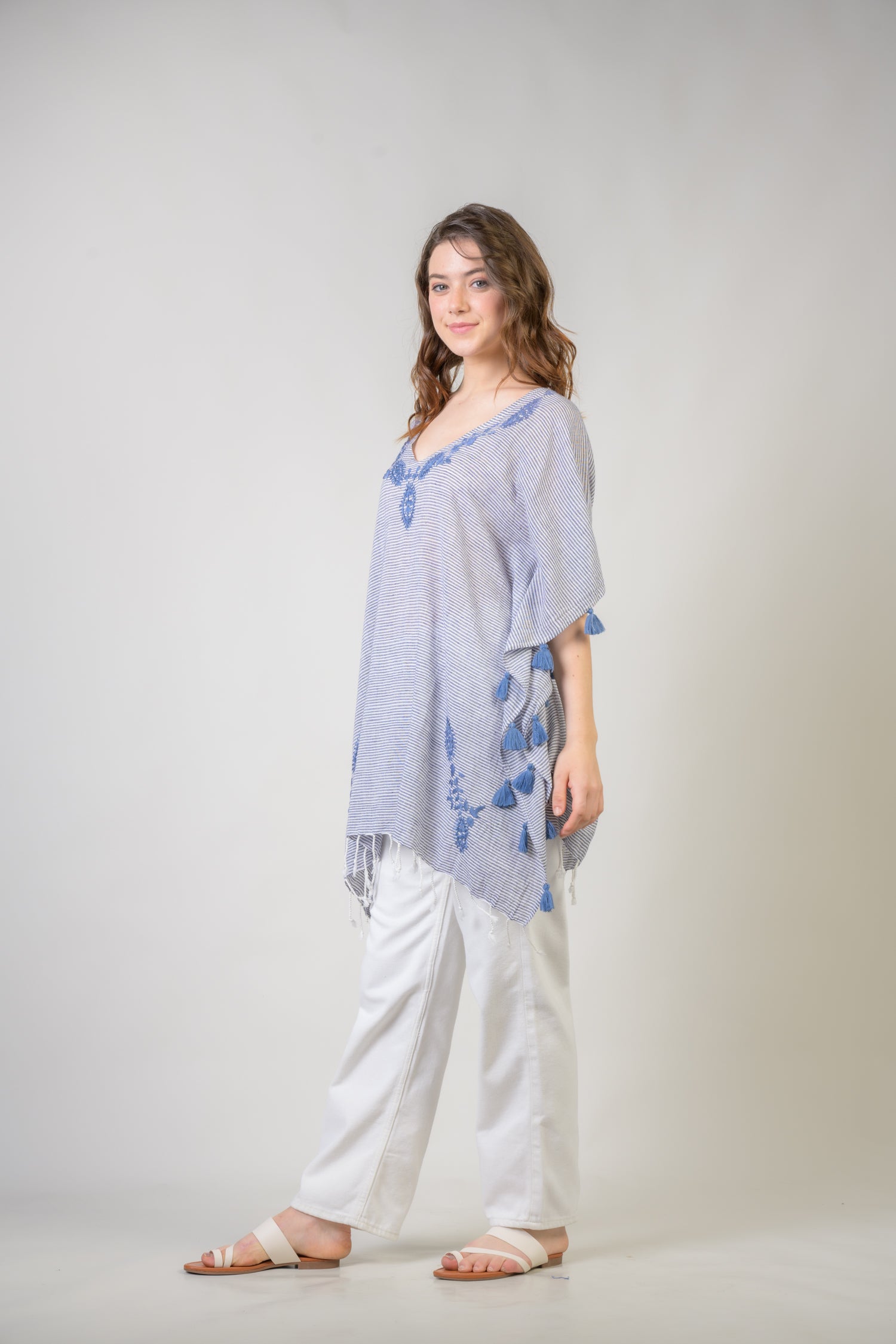Embroidered Short Kaftan - Denim Blue