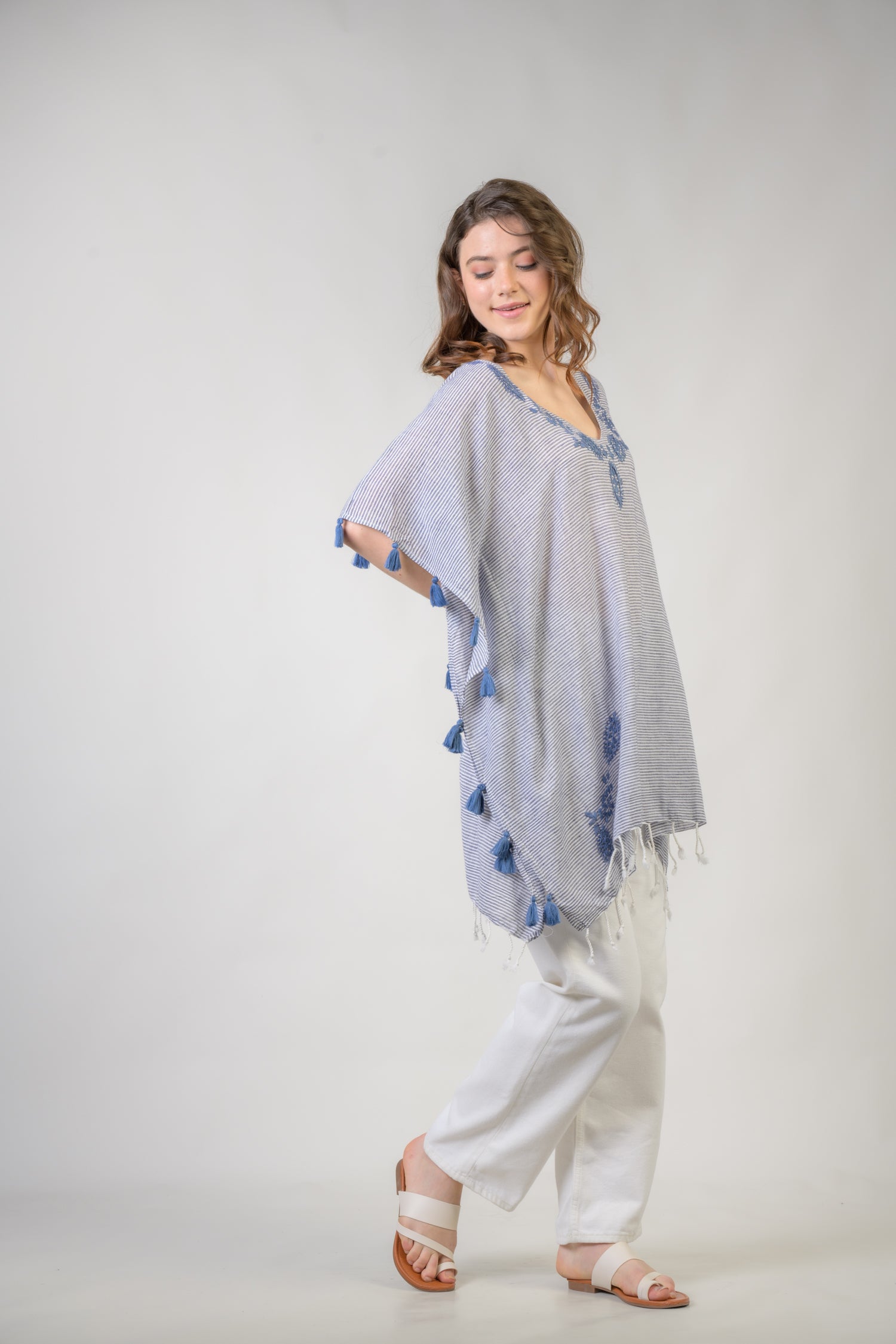 Embroidered Short Kaftan - Denim Blue
