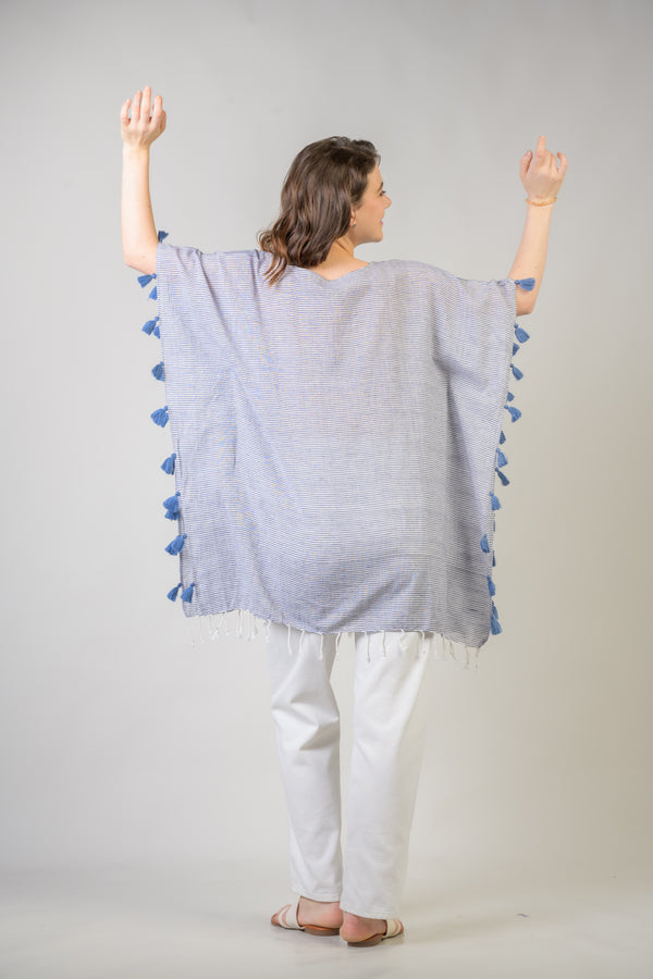 Embroidered Short Kaftan - Denim Blue