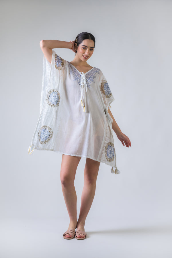 Open Side Pattern Print Short Kaftan - White