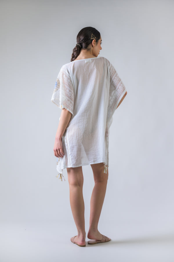 Open Side Pattern Print Short Kaftan - White