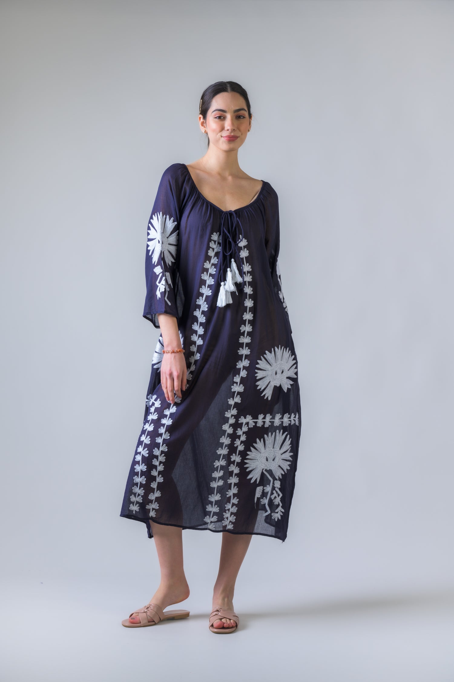 Hand Embroidered Pigment Dyed Tunic - Navy Blue