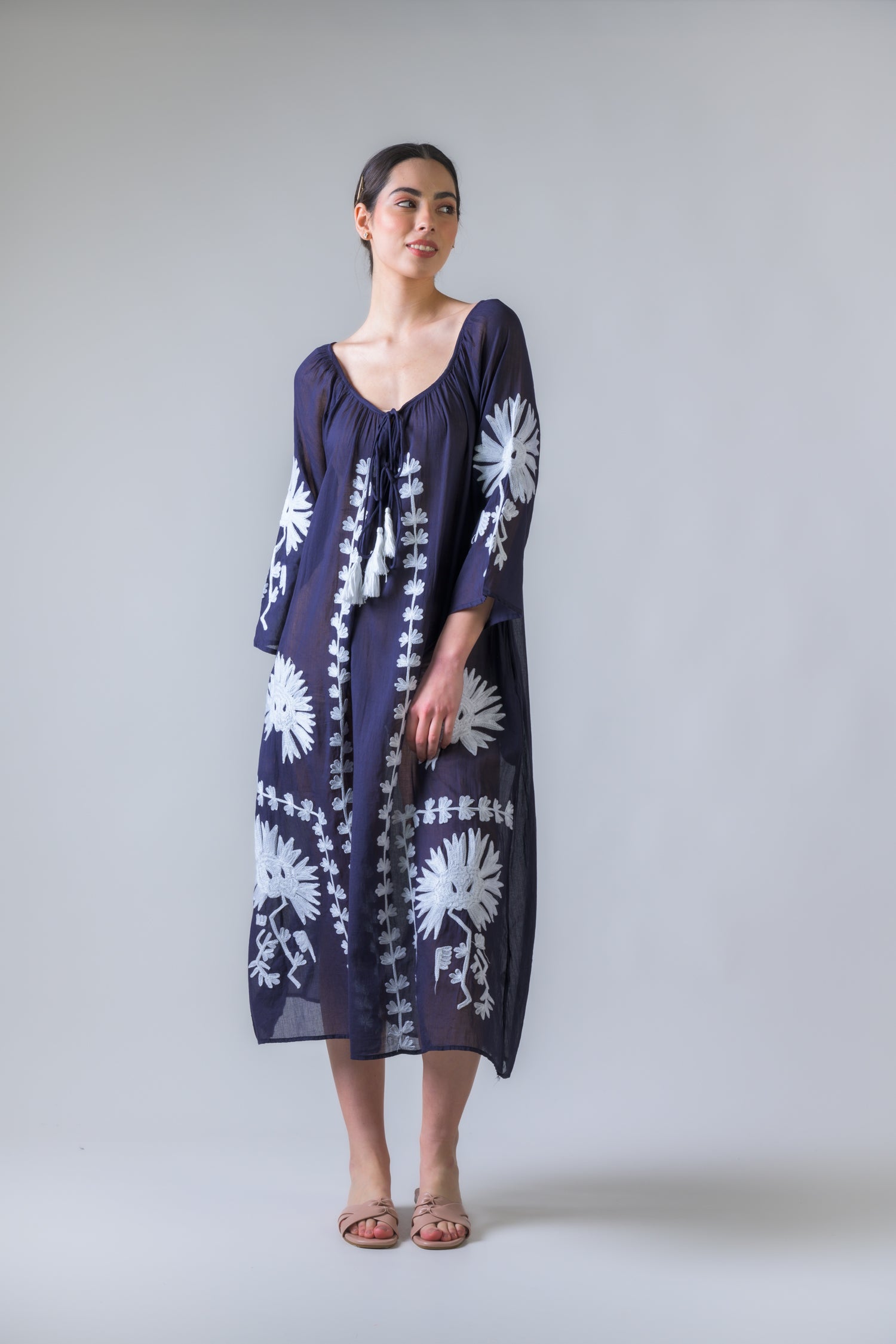 Hand Embroidered Pigment Dyed Tunic - Navy Blue