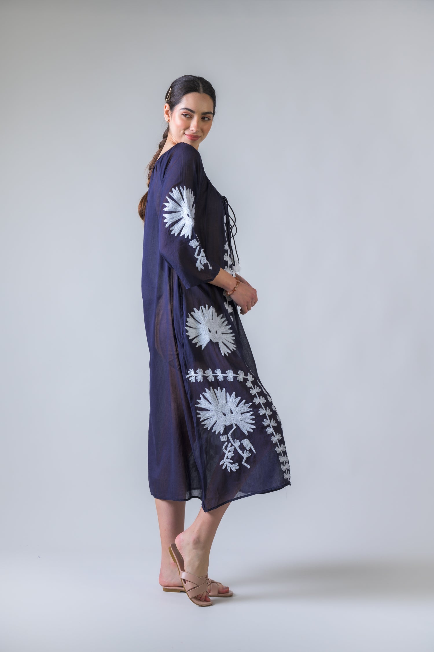Hand Embroidered Pigment Dyed Tunic - Navy Blue