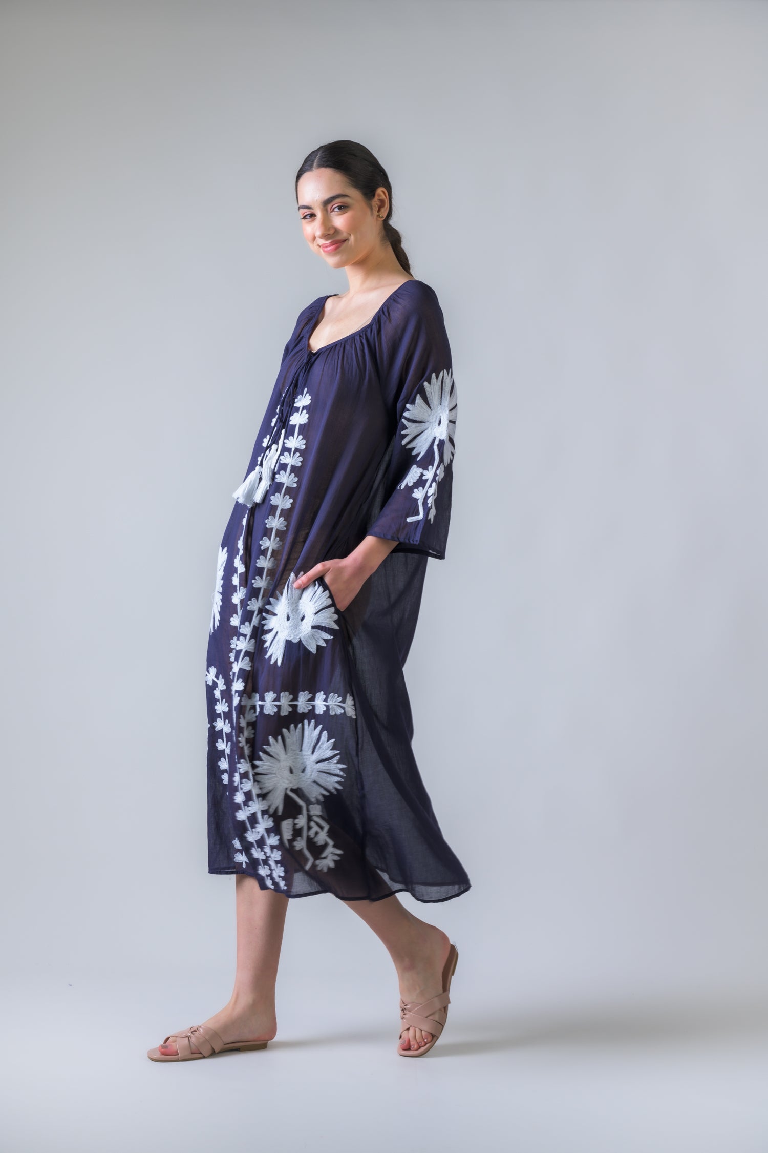 Hand Embroidered Pigment Dyed Tunic - Navy Blue