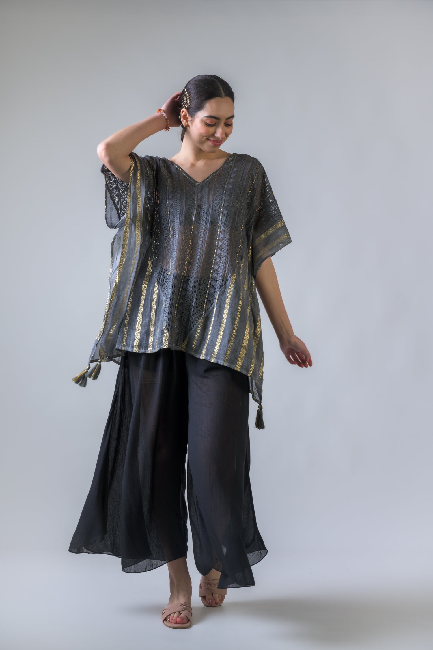 Mesh and Foil Print Kaftan Top - Grey