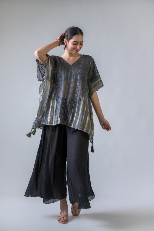 Mesh and Foil Print Kaftan Top - Grey