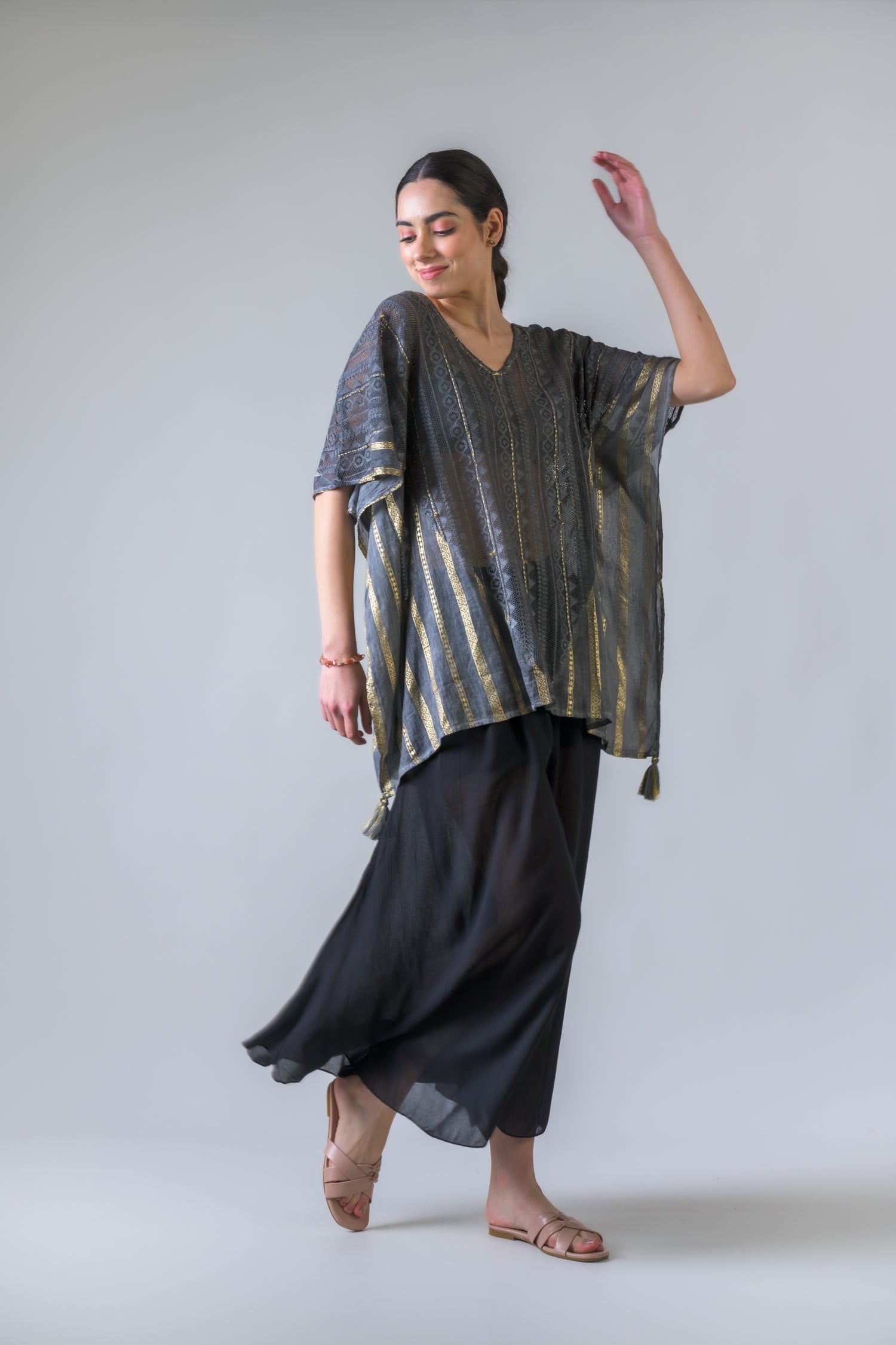 Mesh and Foil Print Kaftan Top - Grey