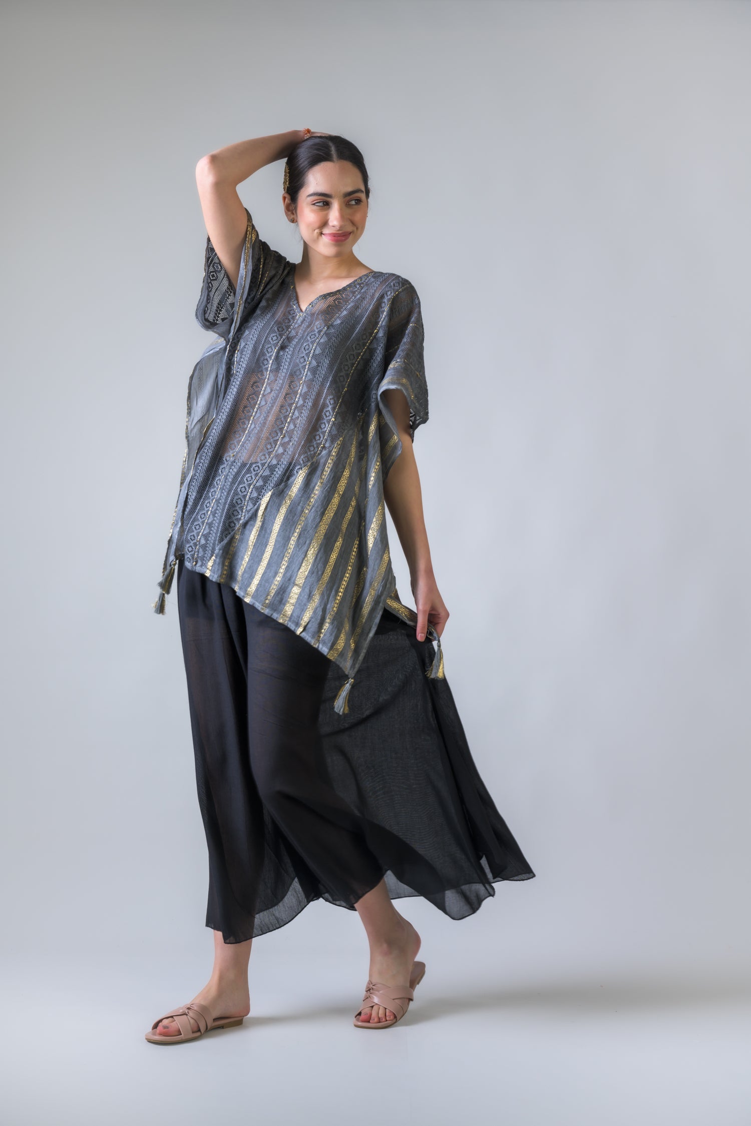 Mesh and Foil Print Kaftan Top - Grey