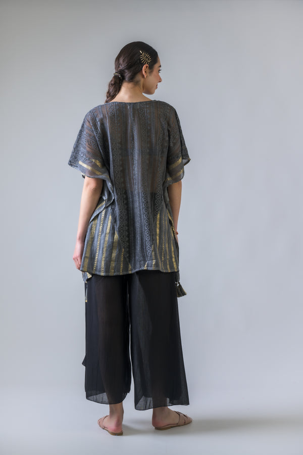 Mesh and Foil Print Kaftan Top - Grey